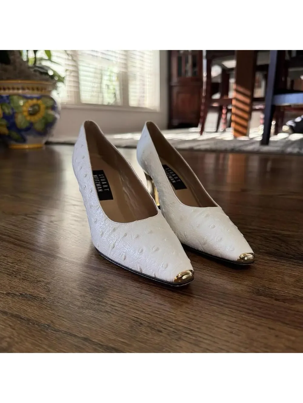 Stuart Weitzman White Textured Leather Pumps with Gold Toe Caps